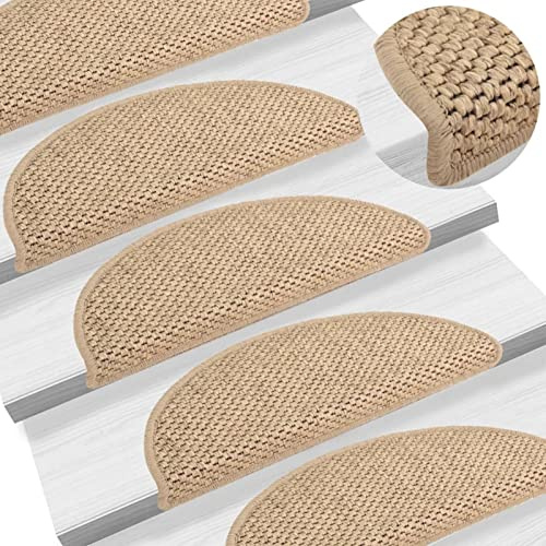 Homgoday Trappmattor självhäftande sisal-look 15 st 56 x 17 x 3 cm sand, trappmatta för trästeg, stegskyddsstegmatta, lämplig för barn, äldre och husdjur, matta trapplöpare