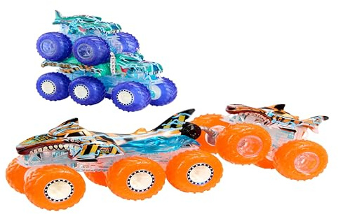 Hot Wheels Monster Trucks - Multipack Camion, set con Tiger Shark e Mega-Wrex in scala 1:64 e i loro Grandi Tir e Trasportatore con decorazioni Power Smashers, giocattolo per bambini, 3+ anni, HYJ29