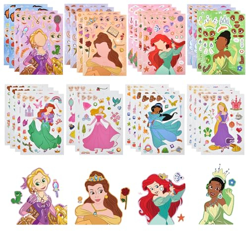 OSDUE 32 PCS Make a Face Sticker Sheets, Princess DIY Stickers for Kids Crafts, Make Your Own Stickers Mix and Match Sticker Sheets for Birthday Party Decorations Party Supplies (Princess-32 Sheets)