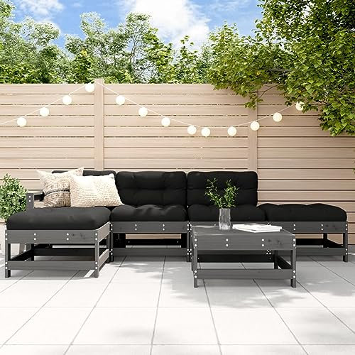 QZZCED Balkonmöbel-Set Garten-Loungemöbel Terrassengarnitur Gartenmöbel-Sets 6-TLG. Garten-Lounge-Set mit Kissen Grau Massivholz für Garten, Terrasse und Balkon
