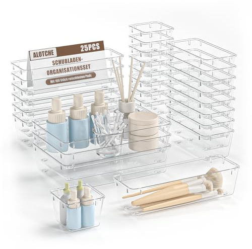 ALOTCHE 25 PCS Clear Plastic Drawer Organizers Set，Versatile Storage Bins for Desk and Kitchen, Drawer Organizer Bins for Makeup and Utensils, Clear Drawer Organizers for Bedroom and Office
