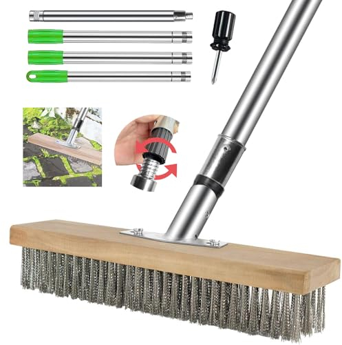 Balai Brosse Metallique avec Manche 170cm,Balai en Acier pour Mauvaises Herbes,Brosse à Poils Métalliques Rigides pour Enlever Les Algues De Mousse De Mauvaises Herbes Terrasse