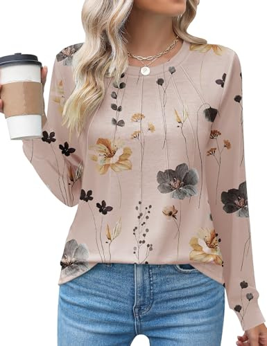 Rapbin Womans Casual Round Neck Tunic Tops for Leggings Summer Long Sleeve Tshirts Dressy Blouses,Floral,L