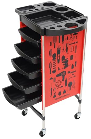 Carrello con ruote per salone parrucchiere con 5 cassetti e rotelle, carrello per salone per stilista, parrucchiere, styling dei capelli, SPA, fino a 20 kg per cassetto (Rosso)