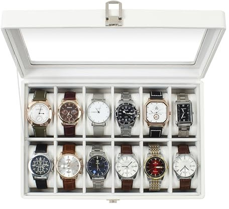 KILHS Watch Box with 12 Slots,Watch Storage Box with Glass Lid,Watch Case with Removable Watch Pillows,Metal Clasp,Gift Idea, White Synthetic Leather, White Lining