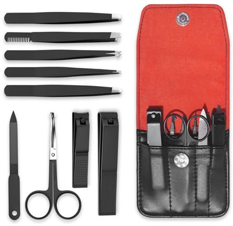 ESSBES Nagelknipser-Pinzetten-Set 9-tlg. Professionelles Maniküre-Pflegeset aus Edelstahl mit Reise-Lederetui für Männer und Frauen