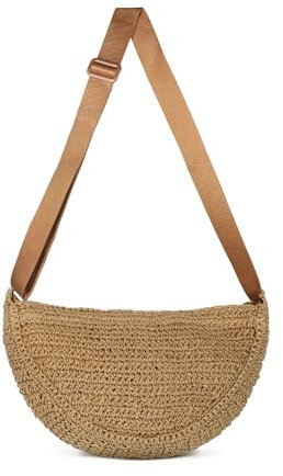 HuiYStar Stroh Kreuz Körper Tasche für Frauen Sommer Geflochten Strand Handtasche Halbmond Schultergurt mit verstellbarem Riemen 2025, braun