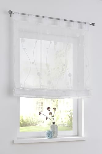Nelly Raffrollo bianco con passanti modernamente ricamato, Raffgardine in poliestere semitrasparente e facile da pulire, dimensioni 45 x 140 cm