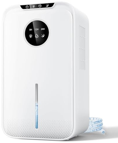 Deshumidificador 2500ML, Dehumidifier Eléctrico mit Manguera de Drenaje de 1m, Modo de Sueño Silencioso Deshumificadores de Humedad con Apagado & Descongelación Automático, 8/12/24H Temporizador