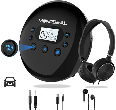 Portable CD Player with Headphones, MONODEAL Rechargeable CD Player Portable for Car with FM Transmitter, Anti-Skip, LCD Display, Backlight Buttons,15-Hour Battery, AUX Cable
