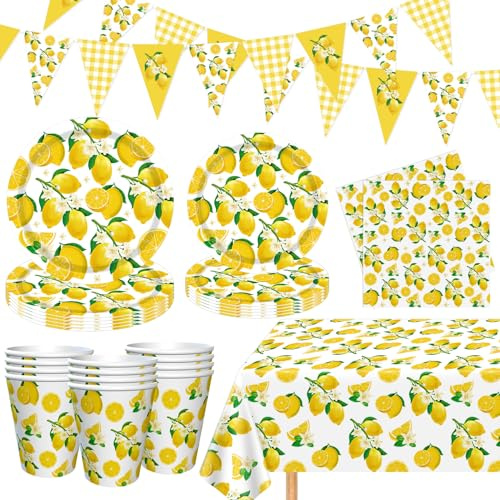 Paquete de 83 Decoraciones para Fiesta de Limón, Suministros para Fiesta Temática de Cumpleaños de Limón, Vajilla Temática de Limón Amarillo - Platos, Servilletas, Bandera para Fiesta Temática de