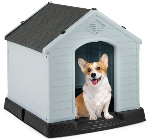 FANTASK Caseta para Perros de plástico para Exteriores, Cueva para Perros con Suelo Elevado y Techo Impermeable, para jardín, Interior y Exterior (70 x 65 x 71,5 cm, Gris)