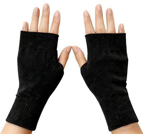 Lueden Cashmere Fingerless Gloves, Women's Winter Thermal Mittens Wool Blend Wrist Warmers With Thumb Hole Knitted Half Fingerless Gloves New Year Gifts for Girls Ladies, Black