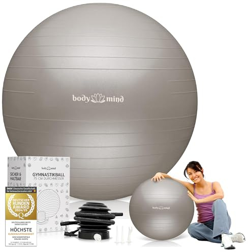 Body & Mind Gymnastikball inkl. Luftpumpe - Anti-Burst Pilates Ball, Pezziball für Schwangerschaft, Ergonomischer Sitz als Büro-Stuhl, Sitzball für Yoga, Gymnastik & Workout (Beige, 65 cm)