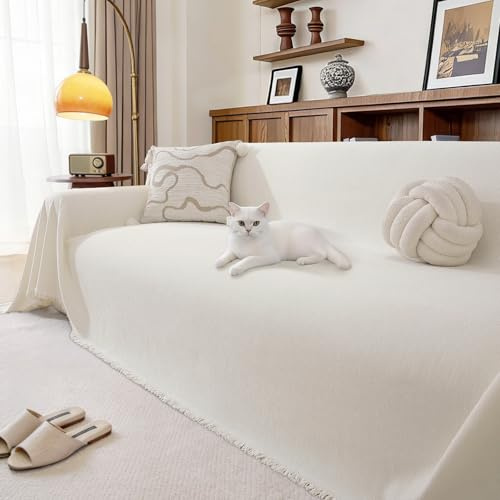 Ystyle Sofföverdrag 1-Sit, 180×230CM, Universellt Chenille Soffskydd med Tofsar, Fläckbeständig Soff Cover Överdrag För Heminredning, Pet Sofföverkast Tvättbart Halkskydd, Möbelskydd, Gräddvit
