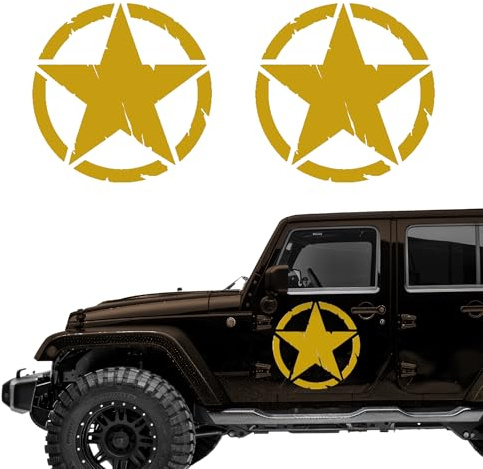 Autodomy Pack 2 Unita Adesivo Stella Militare Auto Fuoristrada | Adesivi Stelle Durevole e Resistente Pioggia e UV | Stelle Adesive per Moto 4x4 Facile Installazione (Oro, 25 cm)