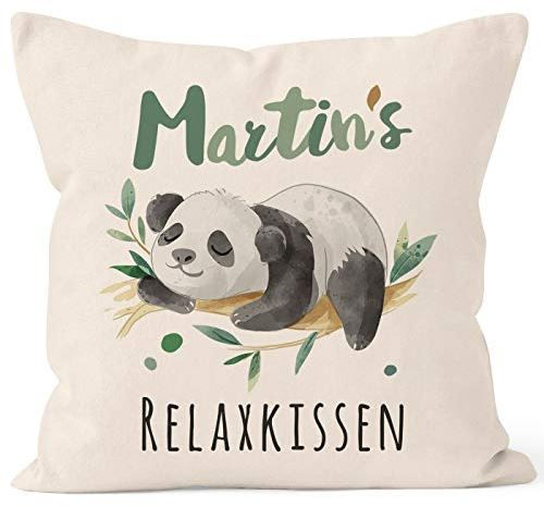 SpecialMe® Kissen-Bezug Relax Panda personalisierbar mit Namen personalisierte Geschenke Dekokissen Natur 40cm x 40cm
