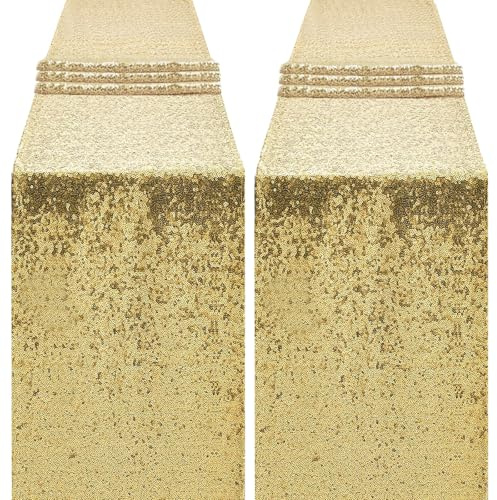 OQSC Gold Table Runners - Sequin Table Runner Glitter Table Runner for Birthday Party, Supplies Decorations 2 Pcs, Gold