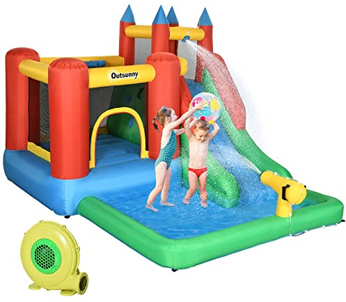 Outsunny Kids Inflatable Bouncy Castle Water Slide 6 in 1 Bounce House Jumping Castle Water Pool Gun Climbing Wall Basketball Hoop with Air Blower for Summer Playland