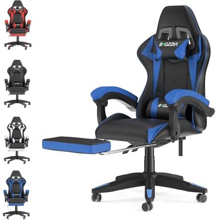 bigzzia - Sedia da gaming, ergonomica, per gamer, con cuscino lombare e poggiatesta, regolabile in altezza, sedia per computer, per ufficio, per adulti, ragazze e ragazzi (Con poggiapiedi, blu)