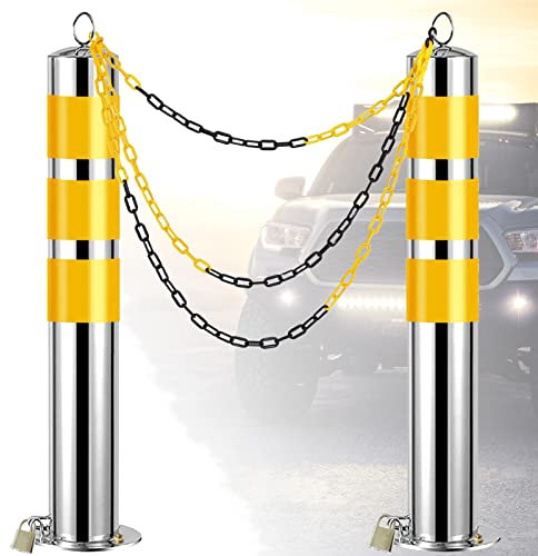 Sicherheitszapfen 2 Stück Sicherheitspoller for Einfahrten mit abnehmbarem Sockel, Parksperre aus Edelstahl mit 5 m Absperrkette, Verkehrskegel mit reflektierendem Band, schwer (Größe: 650 mm H x 76 m