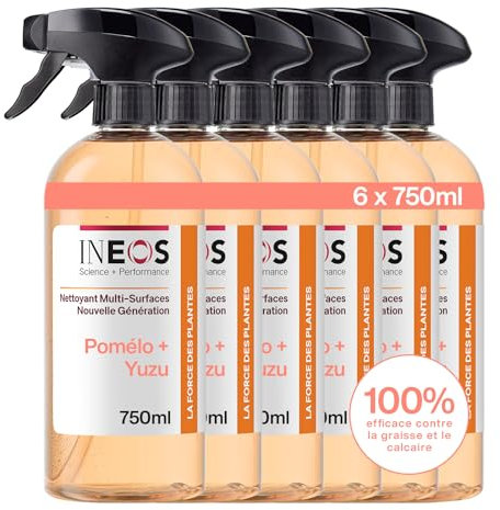 INEOS Spray Multi-Surfaces, Parfum Pomelo et Yuzu -Efficace Contre La Graisse, Le Calcaire, Et Les Trace D’Eau-Elimine 99.9% Des Virus Et Des Bactéries, Pack De 6 Bouteilles (6 x 750ML)