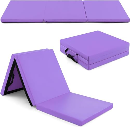 GYMAX Esterilla de Gimnasia 180 x 60 x 5 cm, Colchoneta Plegable Gimnasia con Cierre de Velcro y Asas de Transporte, Esterilla para Gimnasia, Yoga y Ejercicio Deportiva (Morado)