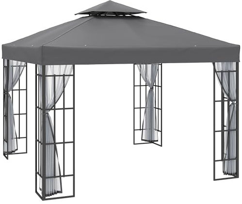 Outsunny 3 x 3(m) Patio Gazebo Canopy Garden Pavilion Tent Shelter with 2 Tier Roof and Mosquito Netting, Steel Frame, Grey