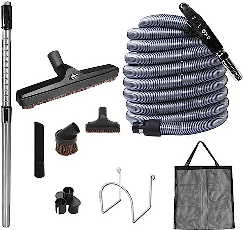 OVO Central Vacuum Deluxe Accessory Kit, 30ft ON/Off Switch Control Low-Voltage Hose, 12’’ Premium Floor Brush, Cleaning Tools and Easy Storage Accessories, for Hard Surfaces
