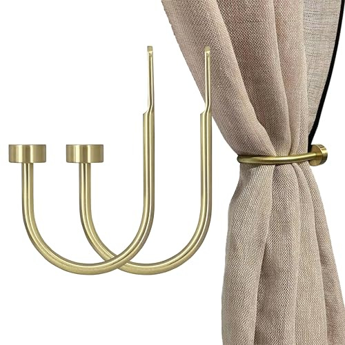 Quality Curtain Holdbacks, Solid Steel Curtain Holdback with Disk Finial,Electroplate Finishes, Set of 2 Window Curtain Tieback Hooks,Brass Brushed