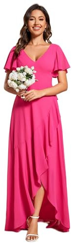 Ever-Pretty Robe pour Mariage Invité Femme Longue Asymétrique Manches Courtes Col V Fendue Fluide Chic Rose Rouge 54