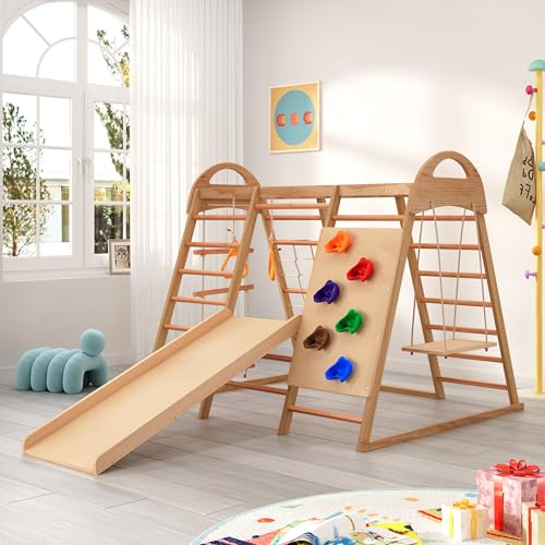 Merax Klettergerüst Indoor für Kinder, 7 in 1 Multifunktions Kletterdreieck aus Massivholz inkl. Schaukel, Kletterleiter, Rutsche, EIN Netz zum Klettern, Kletterstein, Ringe, Spielgeräte, bis 50kg