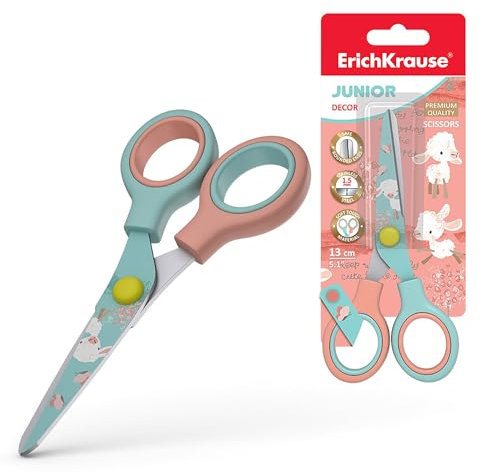 Kinderschere Junior 13cm mit Schaf Motiv ab 3 Jahren - Edelstahlklingen mit abgerundeten Spitzen - Bastelschere mit Anti-Rutsch-Griffen - Papierschere Allzweckschere für Kinder Pastell