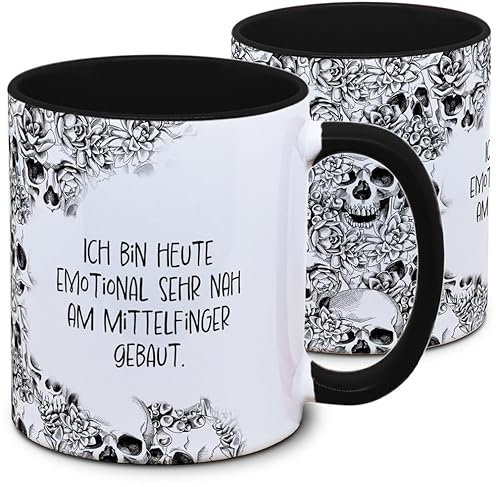 Tasse Totenkopf und Spruch: Ich bin heute emotional sehr nah am Mittelfinger gebaut, Skull, Schädel, Gothic, Grunge, schwarz
