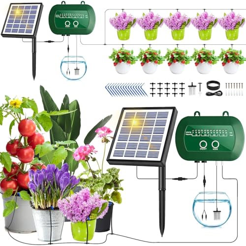 Onherm Solar Bewässerungssystem für Garten, Automatische Bewässerungssystem mit 12 Timer Modi und 15M Schlauch für Garten, gewächshaus, Balkon, Indoor und Topfpflanzen im Freien