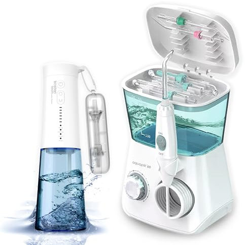 Aquapik® DUO Irrigador Dental | Aquapik® 100 Sobremesa + Aquapik® ONE Portátil | Recomendado por Dentistas | Elimina Placa, Cuida Implantes y Ortodoncia | Uso en Casa y Viaje