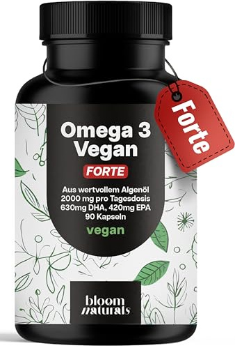 Omega 3 Kapseln Hochdosiert FORTE Vegan - 90 Kapseln - 2000mg Algenöl - 630 mg DHA & 420 mg EPA - Vegan & Produziert in Deutschland - Laborgeprüft - Verpackung kann variieren
