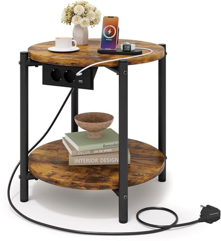 IRONCK Beistelltisch rund, Couchtisch mit Steckdose, Kleiner Tisch Holz, Wohnzimmertisch 2 Ablagen,Sofatisch,USB & Type-C-Anschluss, Metallrahmen, Nachttisch für Schlafzimmer (Vintagebraun, 1 Stück)