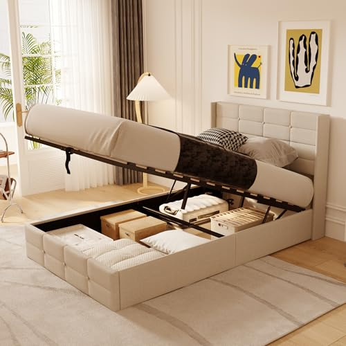 Blishom Letto contenitore idraulico 140 x 200CM, letto matrimoniale imbottito con testiera e contenitore, giroletto con rete a doghe, letto per ragazzi, senza materasso (Beige, 120X200)