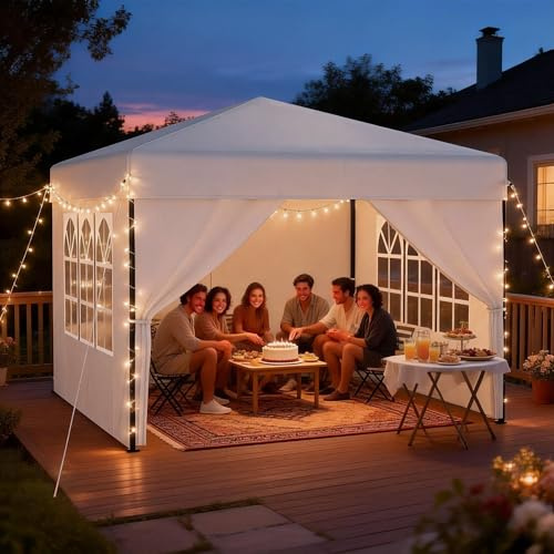 UISEBRT Paviljong 2,5 x 2,5 vattentät stabil vintersäker anti-UV, vikbar paviljong med 4 sidodelar, enknapps centrallås, festtält, 3 höj- och sänkbara 240–260 cm, vikbart, trädgårdstält, vit