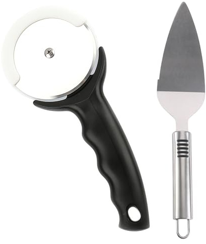 Zuuyye Cortador de pizza con cuchara de pizza gratis - Rueda de corte para pizza de acero inoxidable, rodillo de pizza profesional, cortador de pizza | Mango de silicona antideslizante, apto para