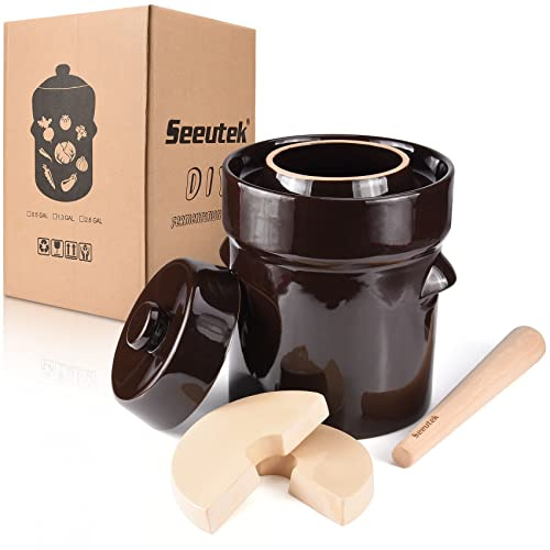 Fermentation Crock Jar 5 Liter / 1.3 Gallon - Stoneware Pot for Fermenting, Pickling Kimchi, Sauerkraut, Pickles, Vegetables, Kombucha - Glazed Fermenter with Stone Weights, Lid & Pickle Tamper
