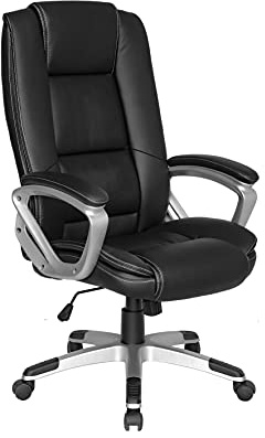 byLIVING Fauteuil de bureau Derek-XXL - Charge maximale : 150 kg - Revêtement en cuir synthétique noir - Rembourrage à ressorts - Base argentée - Mécanisme à bascule - Roulettes de sécurité - Largeur