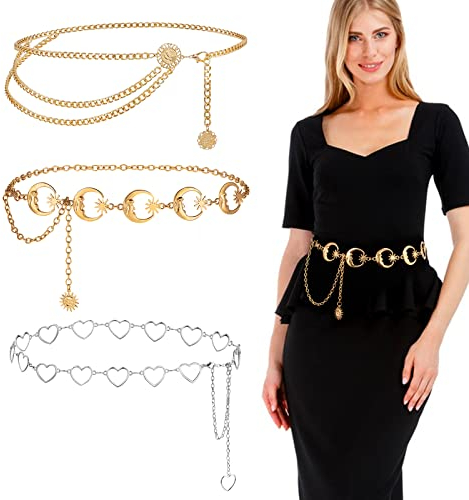 BETESSIN 3Stk. Kettengürtel Damen Metall Taillen Gürtel Gold und Silber Einstellbare Taillenkette Sterne Mond Gürtel Punk Herzen Körperkette Hüftgurt für Jeans Kleider Blusen