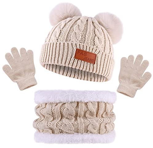 Bekecidi Kinder Mütze Schal Handschuh Set Winter Babymütze Beanie Hut Warmen Strickmütze Loop Schal Mütze und Handschuhe Kleinkind Winterschal Set Für Jungen und Mädchen 1-5 Jahre (Beige)