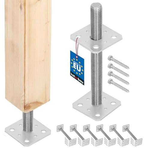KOTARBAU® 6 st. Stolpfot - Galvaniserat Stål - 80 x 80 x 250 mm - M24 - Silver - Justerbar Stolpfot - för Betong Montering - Galvaniserad Stolpstöd - Stolpsko med Skruvjustering