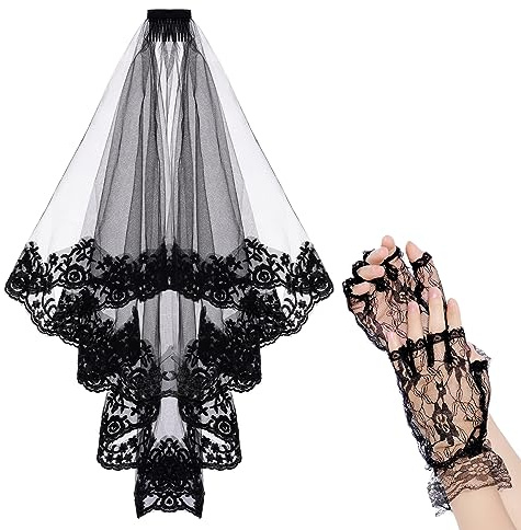 choyaxo Velo de encaje negro, velo de boda, velo de novia de encaje floral, velo de Halloween con peine y guantes cortos de encaje negro para mujeres y niñas, novias, boda, cosplay, despedida de