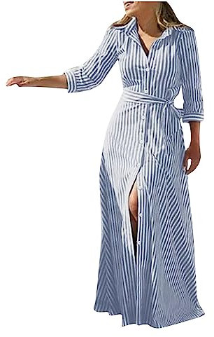 RLEHJN Women's Long Sleeve Maxi Dress - Striped/Solid Color A-Line Shift with Turn-Down Collar and Buttons - Casual Style