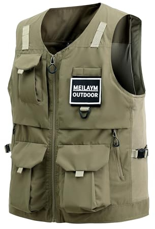MeiLayM Herren Outdoor Weste mit Vielen Taschen Leicht Atmungsaktiv Anglerweste schnelltrocknend Multifunktions Weste Camping Fotografie Ärmellos Jacke Khaki,XL