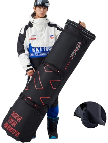 XCMAN Gepolsterte Snowboardtasche mit Rollen, Schneeski-Tasche für Flugreisen, verstellbare Länge, 150 - 178 cm, großes Fassungsvermögen, wasserabweisend, Schwarz